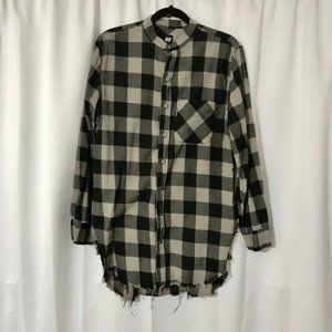 $400 NSF Distressed Plaid Elongated Flannel